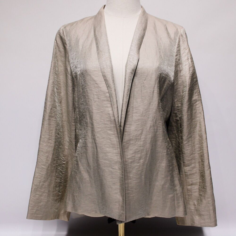 Vintage Eileen Fisher Beige Gold Linen Silk Boxy Open Cardigan Blazer S